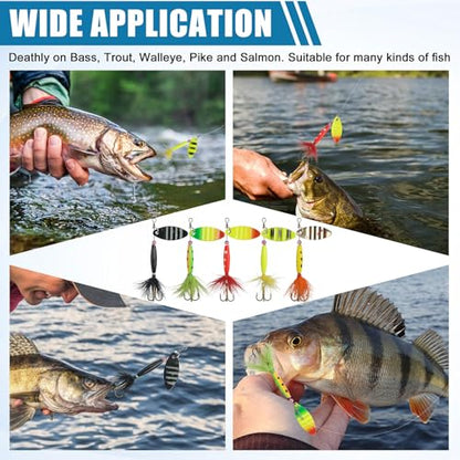 Spinner Baits Bass Lures Rooster Feather Tail Trout Lures Hard Metal Inline Spinner Bait Fishing Lure for Bass Salmon Trout - style: 5pcs Spinnerbaits Kit