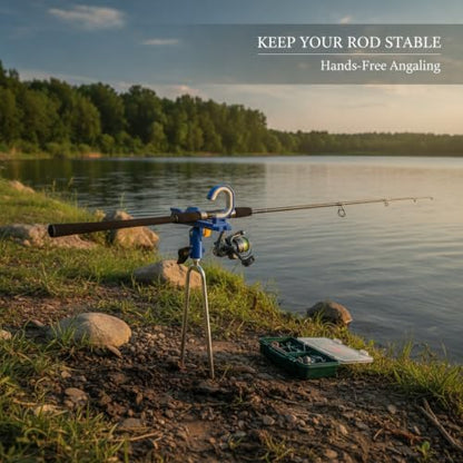 Fishing Rod Holder with Rotatable Head and Ground Spike, Foldable Metal Stake for Riverbank and Beach Angling - color: Blue