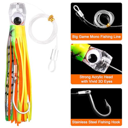 Saltwater Fishing Lures 6/9inch Trolling Lures for Marlin Mahi Tuna Dolphin Shark Big Game Deep Sea Fishing Baits Squid Skirts Rigged Hooks Ocean Gear Tackle - color: Yellow-1pcs, size: 9inch