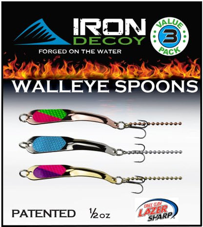 IRON DECOY Spoon Fishing Lures 3-Pack, Multi-Species Metal Spoons for Trout, Walleye, Bass, Salmon, Pike, Ice Fishing & Trolling, Vibrating Spoon Lure Kit - color: Walleye, 1/2 oz