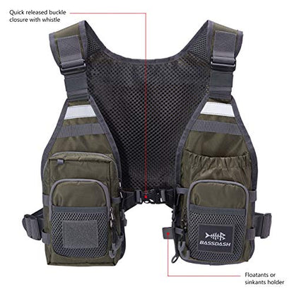 BASSDASH FV08 Ultra Lightweight Fly Fishing Vest for Men and Women Portable Chest Pack - color: Army Green