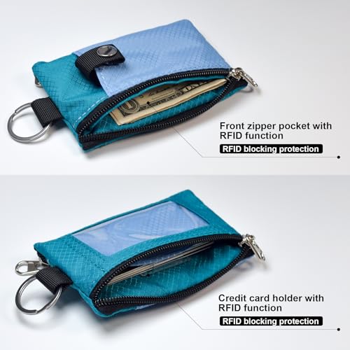 CHENSPRX Minimalist RFID Blocking Small Wallet with ID Window,WaterResistant Zip Id Case Wallet with Lanyard Keychain for Cards,Cash,Travel,Women,Men - color: Light Blue+Turquoise