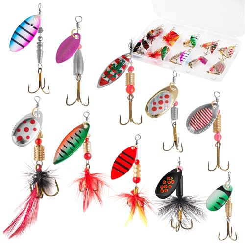 10 Pcs Inline Spinner Fishing Lures with Tackle Box | 10Pcs Metal Inline Spinners, Flash Spoon for Freshwater or Saltwater Trout, Bass, Walleye, Salmon and Pike, Swim or Jig