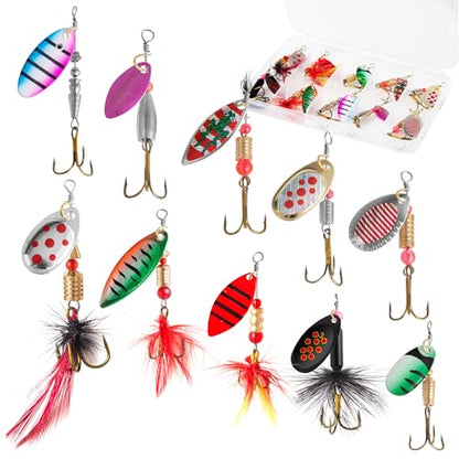 10 Pcs Inline Spinner Fishing Lures with Tackle Box | 10Pcs Metal Inline Spinners, Flash Spoon for Freshwater or Saltwater Trout, Bass, Walleye, Salmon and Pike, Swim or Jig