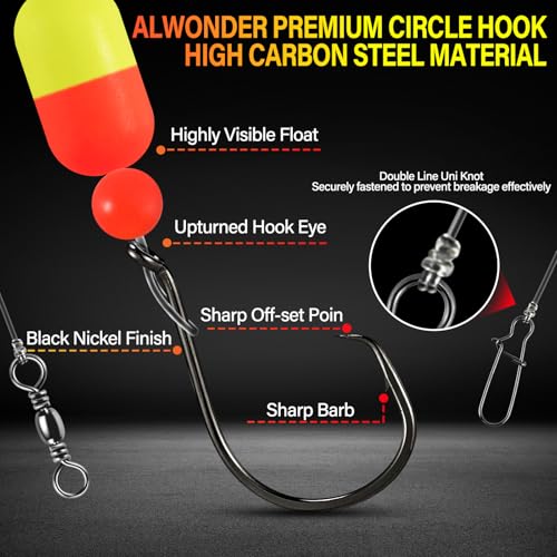 Alwonder 5-Pack Pompano Rigs Surf Fishing Rigs with Snell Floats, Saltwater Live Bait Rig Swivels Duo Lock Snaps Circle Wide Gap Kahle Hooks Rig for Beach Surf Casting Pier Jetty Fishing - color: Red & Yellow 5-Pack, size: #2/0 Circle Hook
