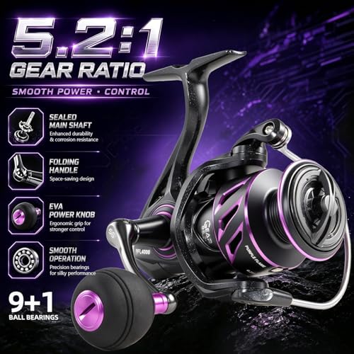 SOUGA Spinning Reel, Black Purple Metal Body Fishing Reel for Bass Pike Freshwater Light Saltwater, 9+1 BB, 5.2:1 Gear Ratio, CNC Aluminum Spool, Foldable Left Right Handle, EVA Knob,Size 1000-4000 - size: 3000