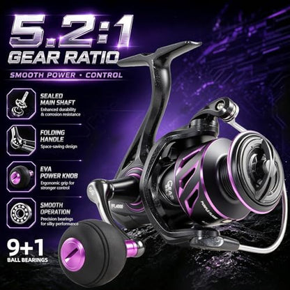 SOUGA Spinning Reel, Black Purple Metal Body Fishing Reel for Bass Pike Freshwater Light Saltwater, 9+1 BB, 5.2:1 Gear Ratio, CNC Aluminum Spool, Foldable Left Right Handle, EVA Knob,Size 1000-4000 - size: 3000