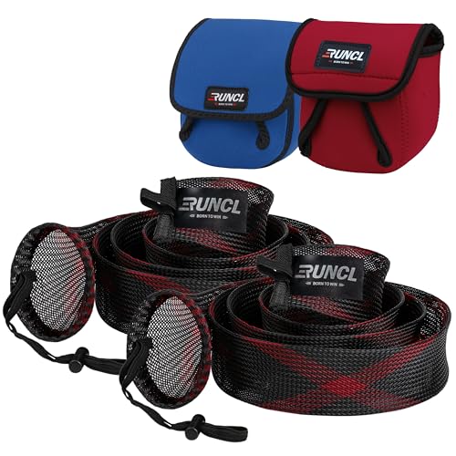 RUNCL Fishing Rod Sleeves & Reel Bags, Spinning/Casting Rod Socks & Spinning/Baitcasting Reel Covers - Protection Solution, Space Saver, Perfect Storage - Fishing Pole Sleeves & Reel Pouch (2 Pack) - color: Spinning Rod Sleeves*2pcs+Reel Bags*2pcs,(Red &