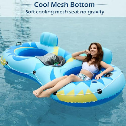 Jasonwell Inflatable River Tube Float - 2 Person Heavy Duty River Float Pool Floats with Removable Cooler Lake Water Tubes for Floating River Raft Lounge Floatie with 2 Cup Holders for Adults (SB) - style: Owl-Blue