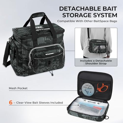 KastKing BaitSpace Fishing Tackle Bag With 4 Tackle Boxes & Removable Bait Binder, Water-Resistant Tackle Storage, Durable Fishing Gear, Adjustable Shoulder Strap - color: D: Black Camo, size: Large - 4*3600 Trays
