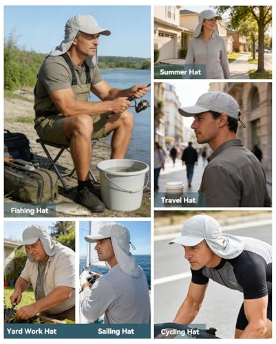 Zando Sun Hats with Neck Flap for Men UPF 50+ Waterproof Baseball Cap Adjustable Breathable Outdoor Hiking Fishing Hat - color: Light Grey