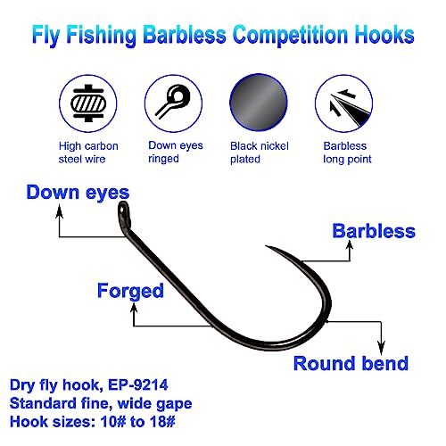 Eupheng 100pcs Plus Best Barbless Competition Fly Fishing Hook Collection, Dry Nymph Strimp&Pupa, Pupa jig Fly Hooks High Carbon Competition Hook - color: Dry Fly Hook EP-9214, size: 18#