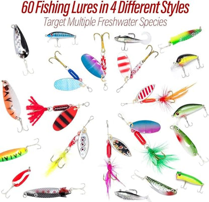 Dr.Fish Fishing Tackle Bag 5 Boxes with 60 Lures Included Loaded Stocked Tackle Box Set Spinner Lures Kit Freshwater Gear Equipment - color: Large Camo Bag, 16.5*9.4*9.4''