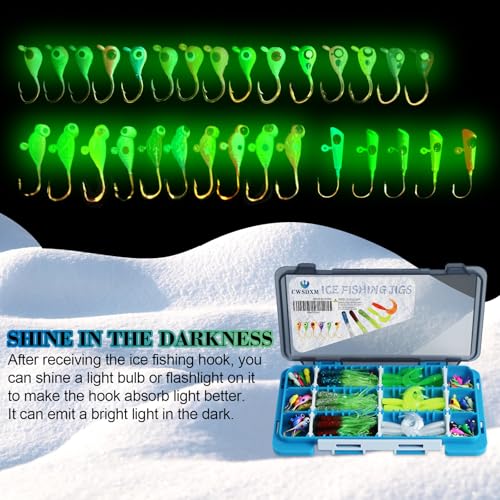 78-Piece Ice Fishing Jigs Kit with Glow-in-The-Dark Lures, Soft Baits, and Tackle Box for Panfish, Crappie, and Perch | Ice Fishing Gear Essentials