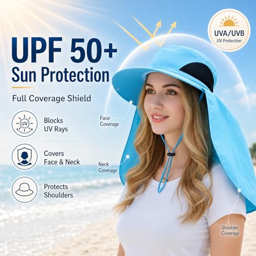 HUAMULAN Women Large Brim Sun Hat with Neck Flap, Men Quick Dry Hiking Fishing Safari Hat UPF 50+ - color: Yq005-blue