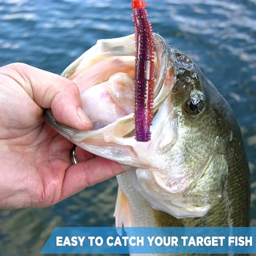 PLUSINNO Wacky Worm Fishing Lure Kit, Soft Plastic Fishing Lures, Grub Baits Hook Wacky Rig Bass Trout Fishing Worms Lures w/Tackle Box - color: 44PCS Stick Worms Ned Rig Kit