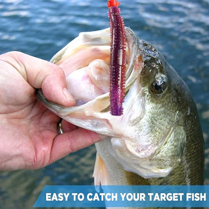 PLUSINNO Wacky Worm Fishing Lure Kit, Soft Plastic Fishing Lures, Grub Baits Hook Wacky Rig Bass Trout Fishing Worms Lures w/Tackle Box - color: 44PCS Stick Worms Ned Rig Kit