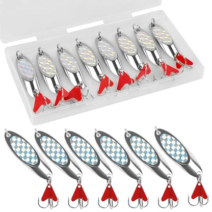 Fishing Spoons Lures, 8pcs Metal Casting Jigging Spoons Silver Trolling Pike Spoon Trout Lures with Treble Hooks for Bass Trout Salmon Pike Walleye Fishing - size: Mix size_28pcs