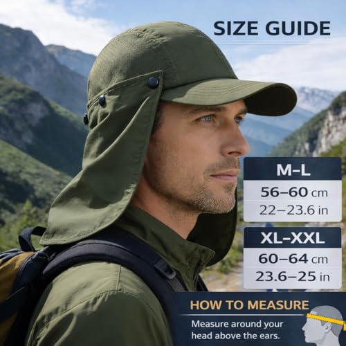 Mens L/XL/XXL Sun Hat with Removable Neck Flap UPF 50+ Fishing Hat Waterproof Quick Dry Breathable Baseball Cap for Cycling - color: Army Green, size: X-Large-XX-Large