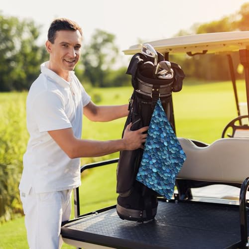 Deep Blue Fish Scale Print Golf Towel, Microfiber Golf Towels for Bags with Carabiner Clip 16 x 24 inches, Men Womens Golfs Accessories
