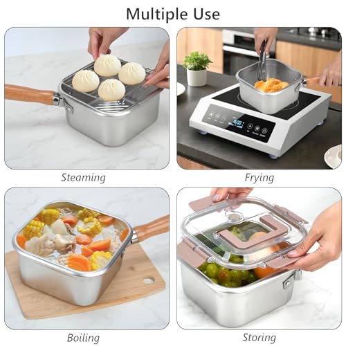 Stainless Steel Deep Fryer, Square Frying Pot with Basket and Lid Portable Deep Frying Pan with Handle Oil Strainer Pot Multifunctional Deep Fryer for Frying Fish Chicken and Fries