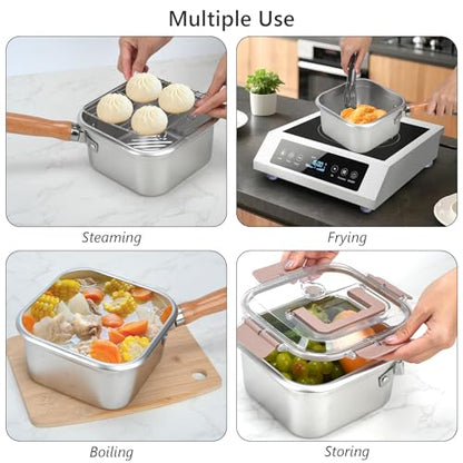 Stainless Steel Deep Fryer, Square Frying Pot with Basket and Lid Portable Deep Frying Pan with Handle Oil Strainer Pot Multifunctional Deep Fryer for Frying Fish Chicken and Fries