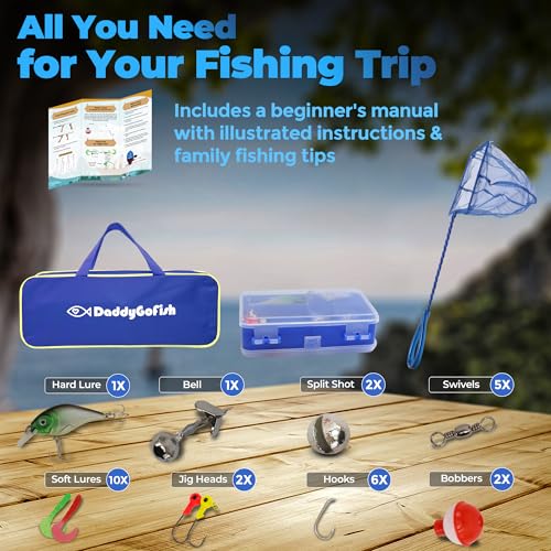 DaddyGoFish Kids Fishing Pole - Rod Reel Combo Tackle Box Starter Set - First Year Small Gear Kit for Boys Girls Toddler Youth Age Beginner Little Children - color: Blue (Essential Set), size: 4ft