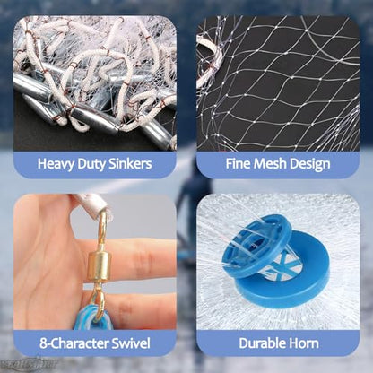 Yeahmart American Saltwater Fishing Cast Net for Bait Trap Fish 3ft/4ft/5ft/6ft/7ft/8ft/9ft/10ft Radius Casting Nets with Heavy Duty Real Zinc Sinker Weights, 3/8inch Mesh Size - style: 7ft Radius