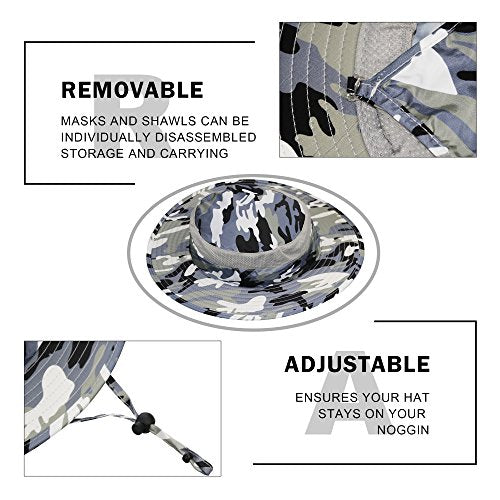 YR.Lover Outdoor UV Sun Protection Wide Brim Fishing Cap with Removable Flap - color: Gray Camouflage2
