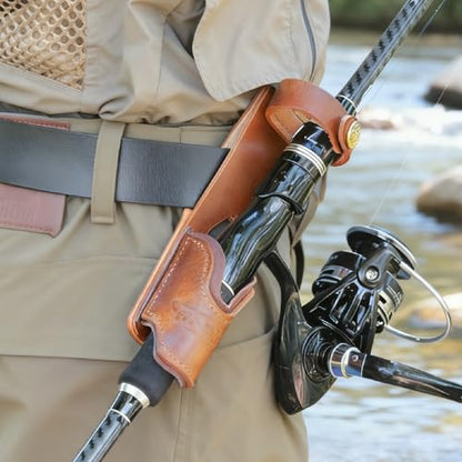 Brown Leather Fishing Rod Holster | Single Slot Belt Mount Carrier for Surf Fishing & Wading | Hands-Free Compatible with Fly Reels and Spinning Reels - color: Dark Brown