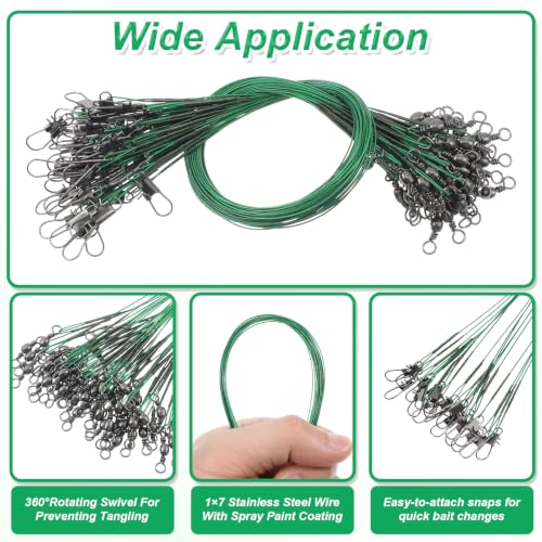 Fishing Leaders, 50 Pcs Steel High-Strength Anti-Bite Wire Leader Line Kit | Fishing Leaders with Swivels for Saltwater Freshwater, Connects Lures Bait Rigs Hooks Tackle (Green, 9.8 Inch)