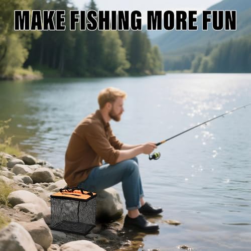 XhuangTech Floating Fishing Basket, Collapsible Fish Basket Portable Fishing Net Storage Cage for Live Caught Fish, Foldable Rubber Coated Bait Minnow Bucket 3.5/10 Gallons Live Well, Orange - size: Small