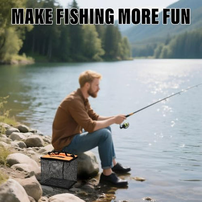 XhuangTech Floating Fishing Basket, Collapsible Fish Basket Portable Fishing Net Storage Cage for Live Caught Fish, Foldable Rubber Coated Bait Minnow Bucket 3.5/10 Gallons Live Well, Orange - size: Small