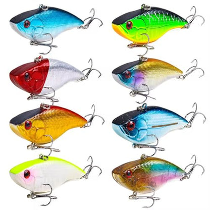 8-Piece Lipless Crankbait Vib Fishing Lure Set with Tackle Box - Rattle Bait VIB Lures for Freshwater and Saltwater Bass Fishing - Vibrating Hard Baits with Treble Hooks | Thrive Tackle