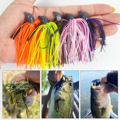 5Pcs Football Jigs Set Weedless Jig Head Tungsten Swim Jigs for Bass Fishing Silicone Skirts Fishing Lures Kit Fishing Tackle for Pike, Walleye and Muskie