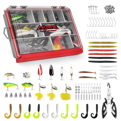 MadBite by KastKing 182/265/400pcs Compact Fishing Tackle Kit - All-in-One Freshwater Hooks, Weights, Bobbers in Tackle Box, Fishing Gear Set for Bass Trout Panfish - style: 143pcs Freshwater Lure Kit