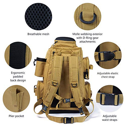 BASSDASH Fishing Tackle Backpack Water Resistant Tactical Bag Soft Tackle Box with Rod Holder and Protective Rain Cover - color: British Khaki Backpack [3670] Without Trays