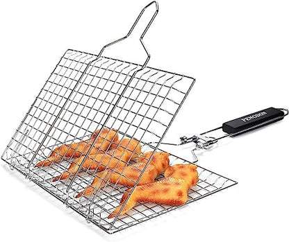 Fish Grilling Basket, Folding Portable Stainless Steel BBQ Grill Basket for Fish Vegetables Shrimp with Removable Handle, Come with Basting Brush and Storage Bag