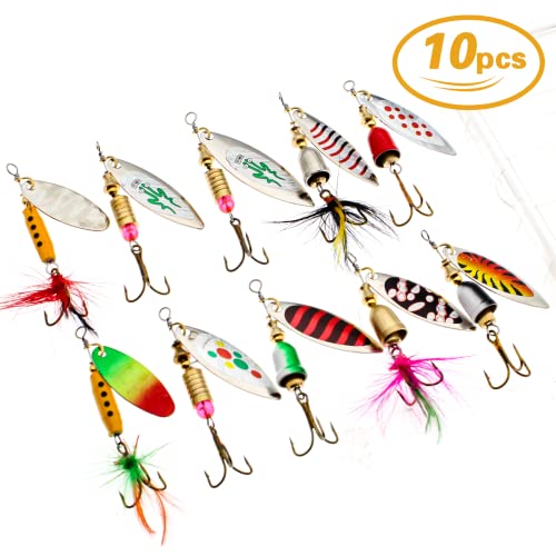 Fishing Lure Spinnerbait Kit with Tackle Box, 8 Pcs/10 Pcs Bass Trout Perch Salmon Hard Metal Rooster Tail Fishing Lures Kit - color: 10 Pcs