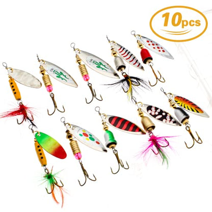 Fishing Lure Spinnerbait Kit with Tackle Box, 8 Pcs/10 Pcs Bass Trout Perch Salmon Hard Metal Rooster Tail Fishing Lures Kit - color: 10 Pcs