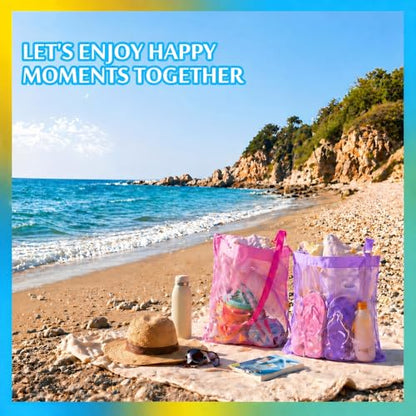 VioraWhite 2 Pcs Extra Large 14 x 16inch Clam Mesh Chum Beach Bags for Seashells Clams Treasures Sand Away Foldable Shell Collection Bags with Adjustable Straps (Pink,Purple) - color: Pink,Purple