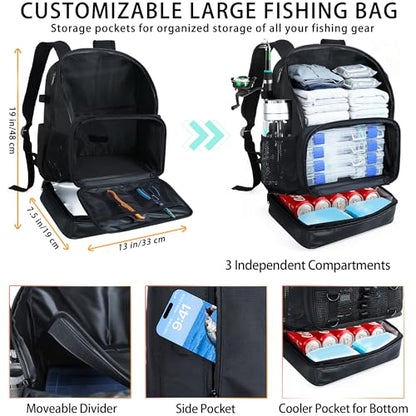 Fishing Backpack with 4 Tackle Boxes, Heavy Duty Fishing Bag with Waterproof Bottom, Tackle Backpack Gifts for Man Woman-Pure Black - color: Pure Black