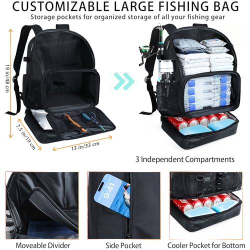 Fishing Backpack with Rod Holder, Heavy Duty Fishing Bag with Waterproof Bottom, Tackle Backpack Gifts for Man Woman-Black - color: Black