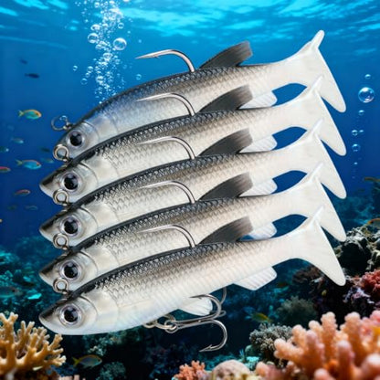 5PCS Soft Fishing Lures Shad Minnow Swimbaits PreRigged Jig Heads Paddle Tail Swim Baits for Bass Trout Walleye Crappie Sinking Jigs Bait for Men Saltwater Freshwater Fishing Gifts