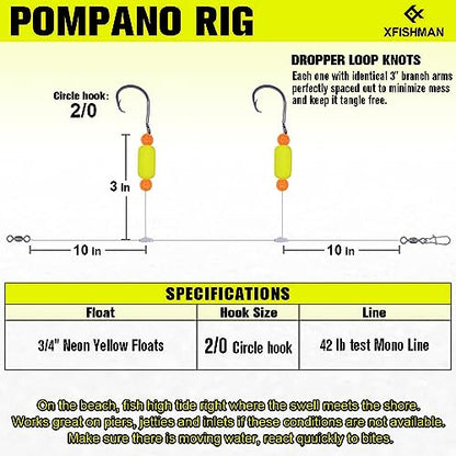 Pompano-Rigs-for-Surf-Fishing-Saltwater-Gear with Double Circle & Wide Gap Hook-6-Pack Surf Fishing Tackle - color: Neon Yellow 6-Pack, size: 2/0 Circle Hook