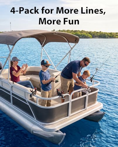 Clamp On Fishing Rod Holder for Boat Canoe Pontoon Kayak Dock | 360° Adjustable, Heavy Duty, Round & Square Rail Mount, Saltwater Safe - color: Rod Holder- 4 Pack