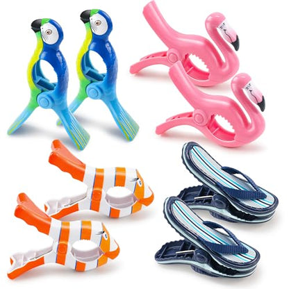 8 Pack Clips for Beach Chairs-Durable and Big Towel Clips, Peg Clips with Colorful Parrot and Pink Flamingo Shape, Creative Beach Towel Clip for Family Use, Portable During Travel. - style: Parrot+Flamingo+Fish+Slippers