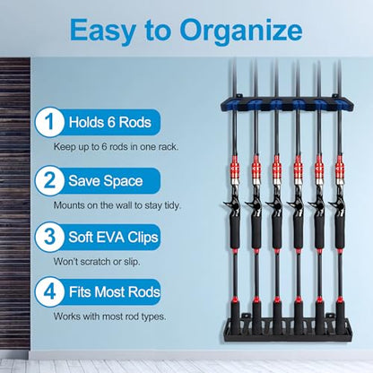 Keenorika Vertical Fishing Rod Holder, Wall Mounted Fishing Rod Rack, Fishing Pole Holder Holds Up to 6 Rods or Combos, Space Saver Fishing Rod Organizer for Garage , Boat, Shed, Basement, Cabin - style: Vertical hanging