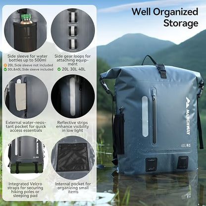 MARCHWAY Roll Top Waterproof Backpack, Floating Dry Bag 20L/30L/45L with Ergonomic Rectangular Base, Cushioned Back, Hip Strap for Hiking Camping Kayaking Travel (Grey, 20L) - color: Grey, size: 20L