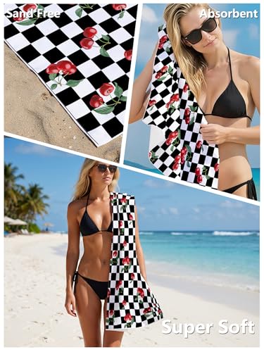 Black and White Checkered Beach Towel - Retro Plaid Cherry Large Sand Free Towel 30x60 Inch for Beach Camping Swim Pool Gym Sports & Yoga, Cherry Themed Gifts for Women - color: Btowels01